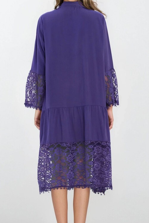 Mor Hakim Yaka Önü Düğmeli Dantelli Viskon Elbise