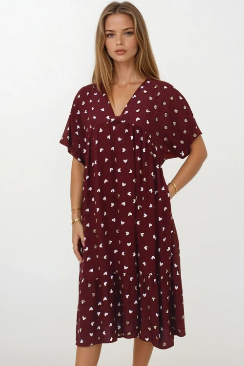 Mürdüm Kruvaze Yaka Eteği Pileli Midi Boy Çift Cepli Elbise Elbise