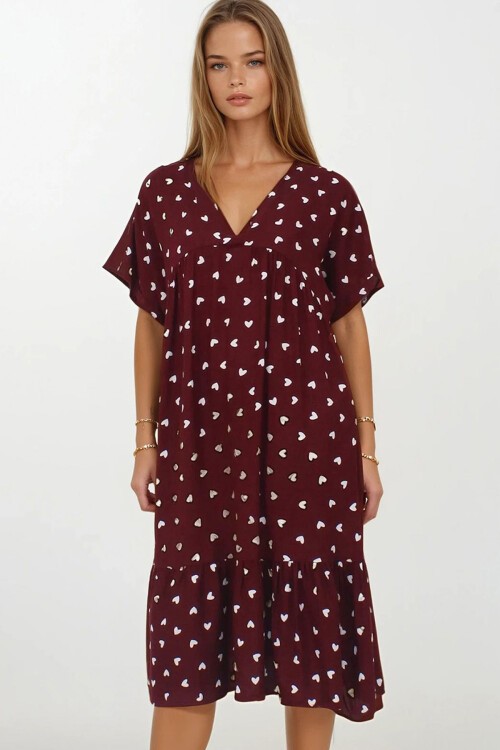 Mürdüm Kruvaze Yaka Eteği Pileli Midi Boy Çift Cepli Elbise Elbise