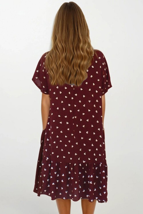 Mürdüm Kruvaze Yaka Eteği Pileli Midi Boy Çift Cepli Elbise Elbise