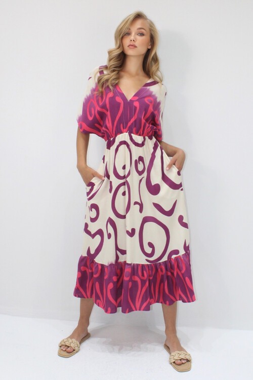 Mürdüm Ön Arka V Yaka Desenli Eteği Volanlı Yazlık Dokuma Elbise