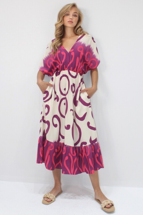 Mürdüm Ön Arka V Yaka Desenli Eteği Volanlı Yazlık Dokuma Elbise