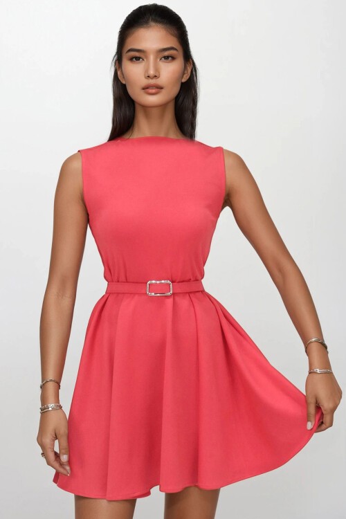 Nar Çiçeği Kayık Yaka Kendinden Kemerli Kolsuz Kloş Mini Elbise