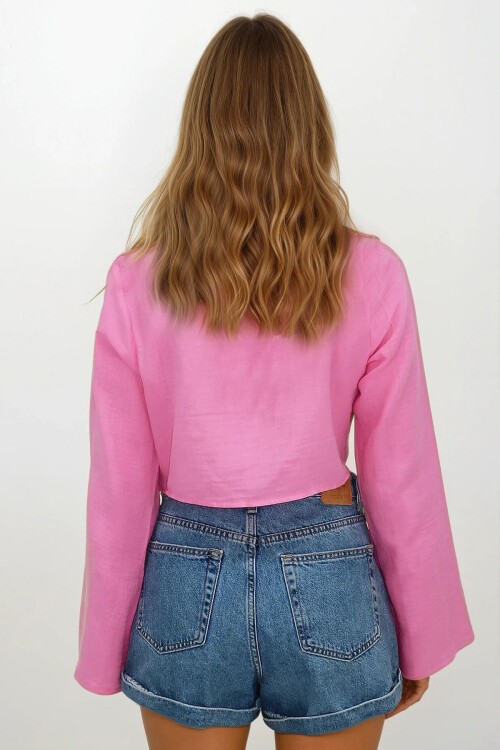 Pembe Bağlama Detaylı Crop Müslin Bluz