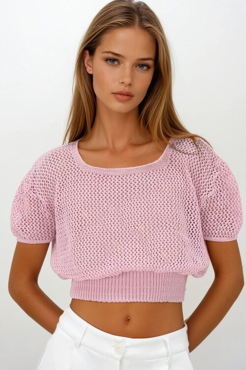 Pembe Beli Gipeli Ajurlu Crop Bluz