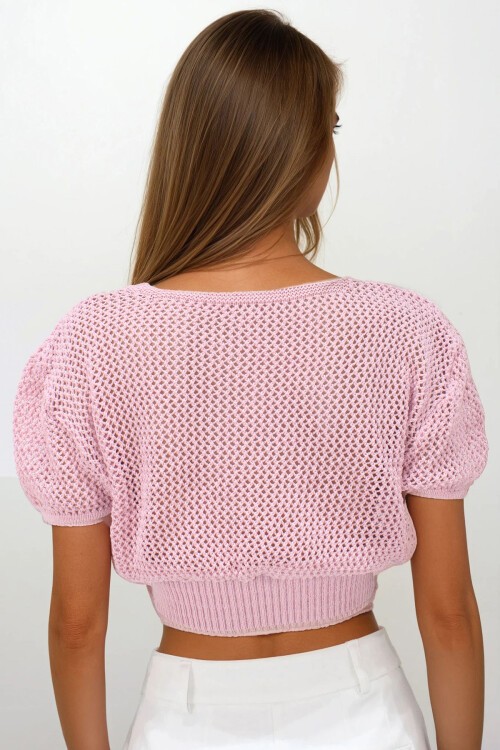 Pembe Beli Gipeli Ajurlu Crop Bluz