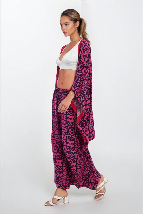 Pembe Beli Lastikli Cepli Pantolon Ve Büyük Beden Viskon Takım