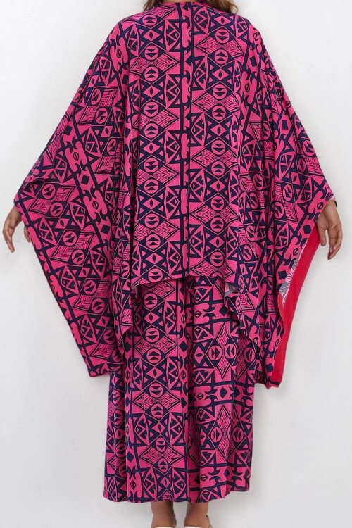 Pembe Beli Lastikli Cepli Pantolon Ve Büyük Beden Viskon Takım