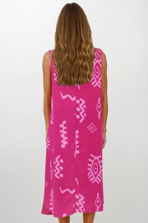 Pembe Desenli Çift Cepli Kolsuz Rahat Kesim Elbise