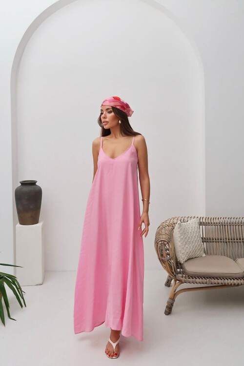 Pembe İp Askılı Salaş Astarlı Dökümlü Elbise