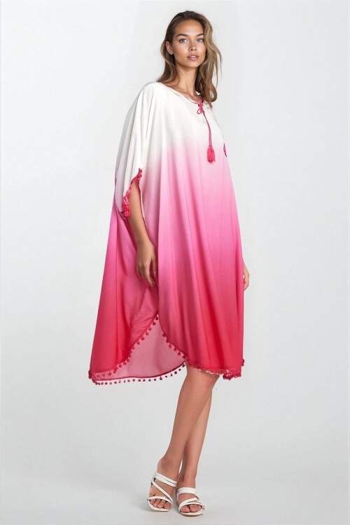 Pembe Kayık Yaka Püsküllü Büyük Beden Viskon Elbise