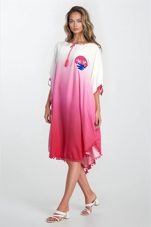 Pembe Kayık Yaka Püsküllü Büyük Beden Viskon Elbise