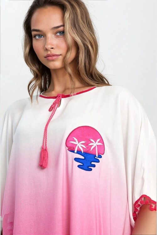 Pembe Kayık Yaka Püsküllü Büyük Beden Viskon Elbise