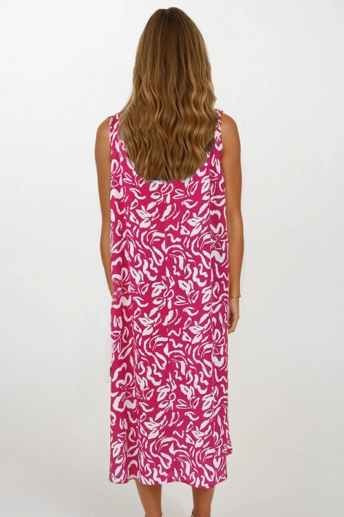 Pembe Omuzları Lastikli Kolsuz Rahat Kesim Desenli Elbise