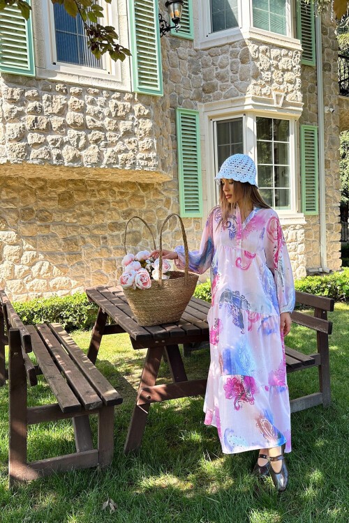 Pembe Renk Bloklu Hakim Yaka Yarım Patlı Maxi Boy Keten Elbise