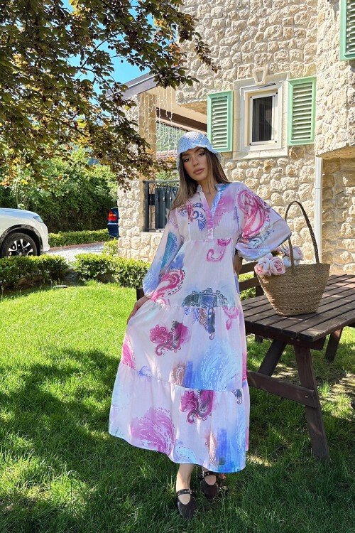 Pembe Renk Bloklu Hakim Yaka Yarım Patlı Maxi Boy Keten Elbise