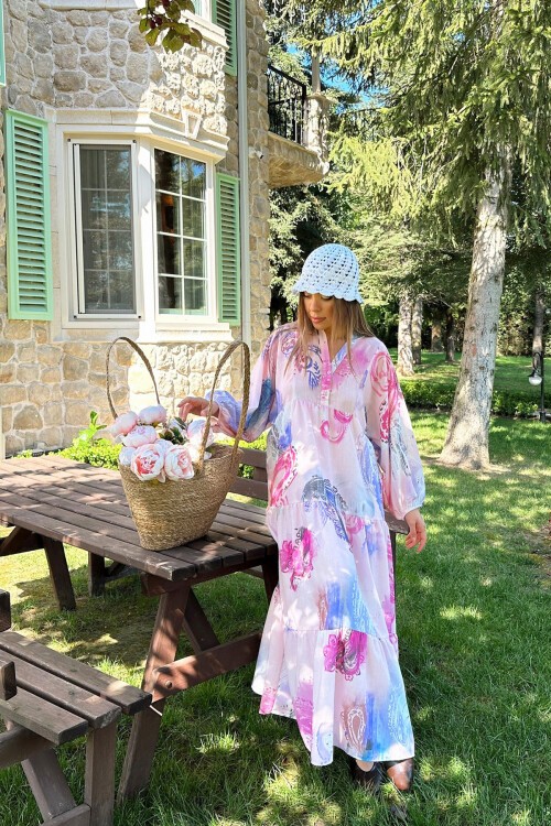 Pembe Renk Bloklu Hakim Yaka Yarım Patlı Maxi Boy Keten Elbise