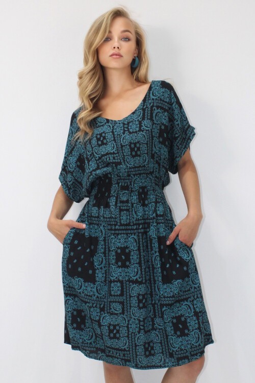 Petrol Mavi V Yaka Çift Cepli Etnik Desenli Beli Gipeli Dokuma Viskon Elbise