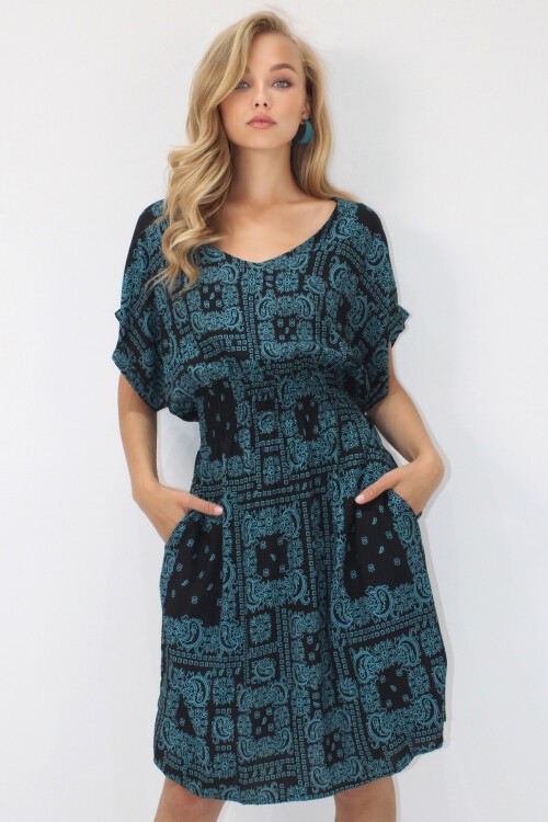 Petrol Mavi V Yaka Çift Cepli Etnik Desenli Beli Gipeli Dokuma Viskon Elbise