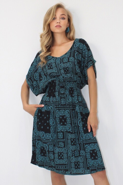 Petrol Mavi V Yaka Çift Cepli Etnik Desenli Beli Gipeli Dokuma Viskon Elbise