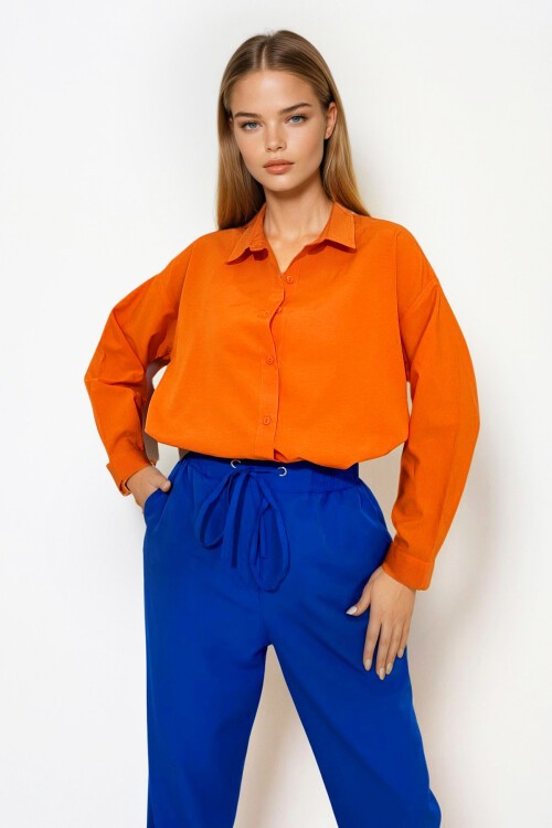 Portakal Oversize Uzun Dokuma Gömlek