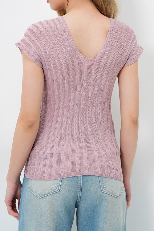 Pudra Ön Arka V Yaka Ajurlu Yazlık Triko Bluz