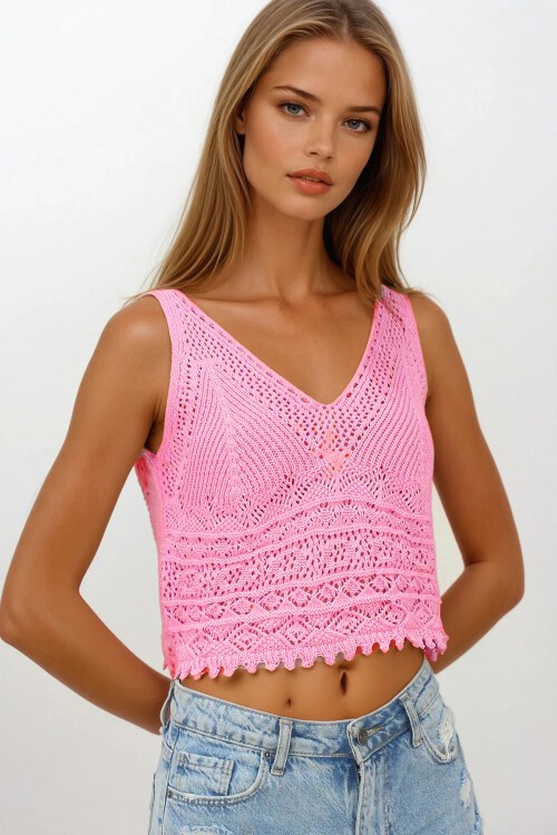 Pudra Pembe Askılı Ajurlu Örme Crop Bluz