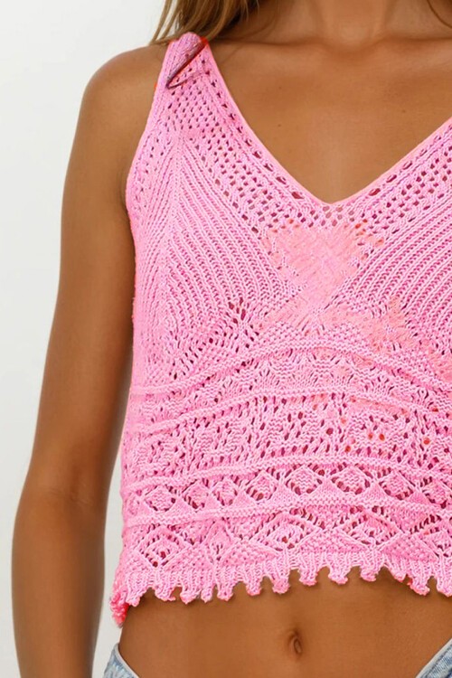 Pudra Pembe Askılı Ajurlu Örme Crop Bluz