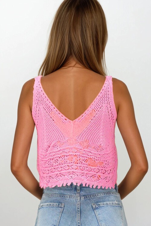 Pudra Pembe Askılı Ajurlu Örme Crop Bluz