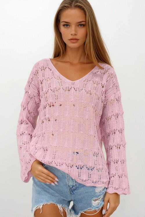 Pudra Pembe V Yaka Ajurlu Bluz