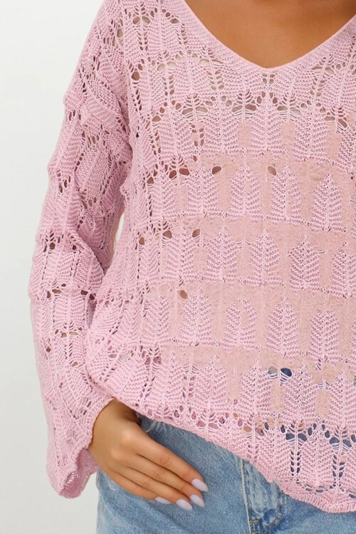 Pudra Pembe V Yaka Ajurlu Bluz