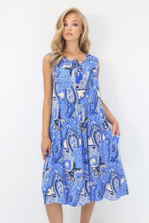 Saks Bisiklet Yaka Bağlama Detaylı Desenli Çift Cepli Dokuma Viskon Elbise