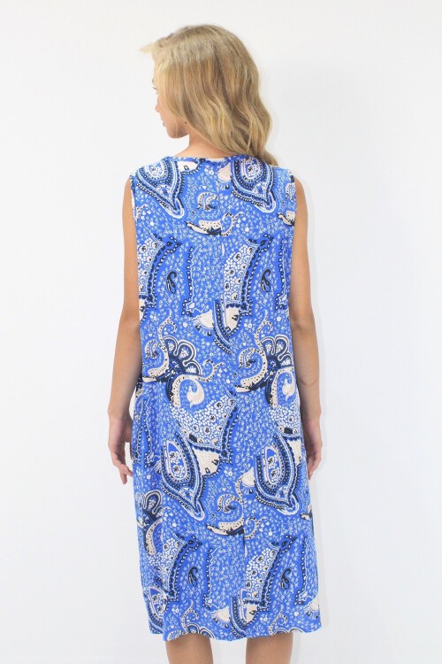 Saks Bisiklet Yaka Bağlama Detaylı Desenli Çift Cepli Dokuma Viskon Elbise