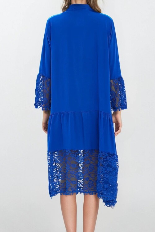 Saks Hakim Yaka Önü Düğmeli Dantelli Viskon Elbise