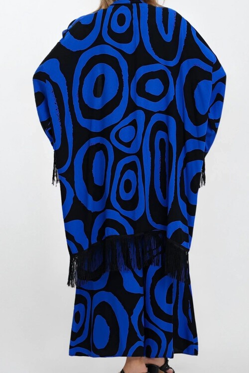 Saks Püsküllü Kimono Beli Lastikli Ve Çift Cepli Büyük Beden Alt Üst Takım