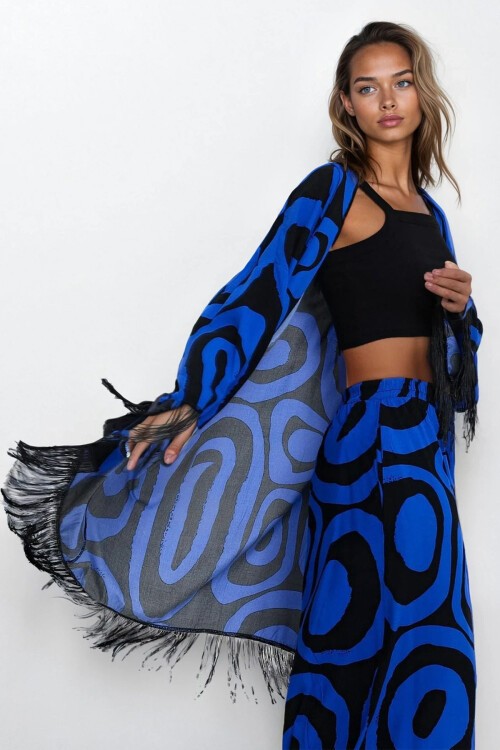 Saks Püsküllü Kimono Beli Lastikli Ve Çift Cepli Büyük Beden Alt Üst Takım