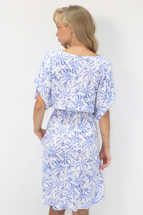 Saks V Yaka Çift Cepli Desenli Beli Gipeli Dokuma Viskon Elbise