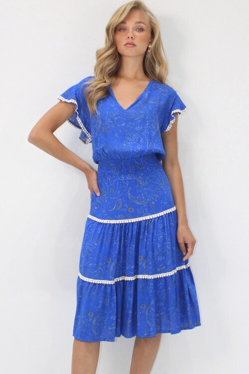 Saks V Yaka Etnik Desenli Fisto Detaylı Beli Gipeli Dokuma Elbise