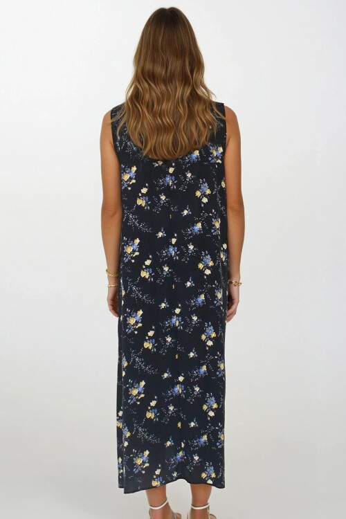 Sarı Aksesuar Detaylı Desenli Maxi Boy Çift Cepli Elbise Elbise