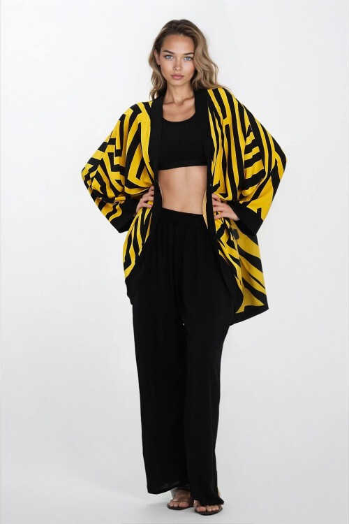 Sarı Çift Cepli Beli Lastikli Pantolon Ve Kimono 2Li Takım