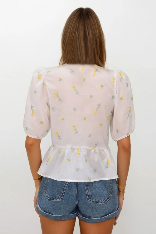 Sarı Kolları Lastikli Bağlamalı Çiçek Nakışlı Bluz