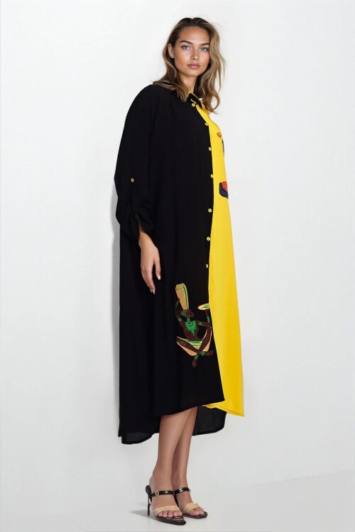 Sarı-Siyah Baskılı Gömlek Yaka Büyük Beden Gömlek Elbise