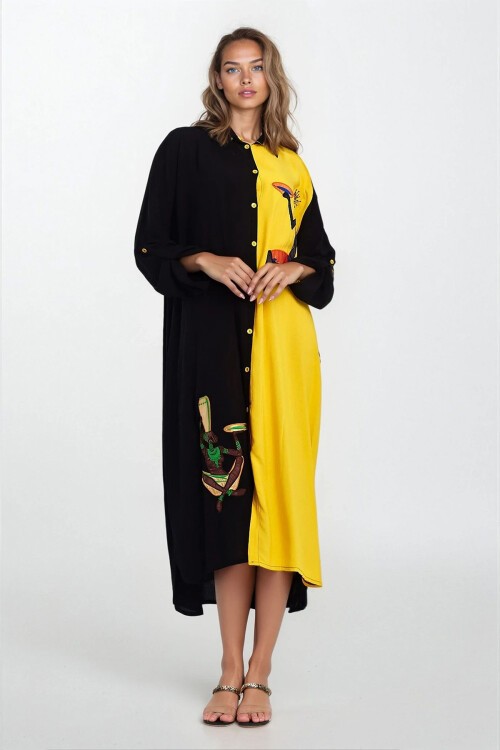 Sarı-Siyah Baskılı Gömlek Yaka Büyük Beden Gömlek Elbise