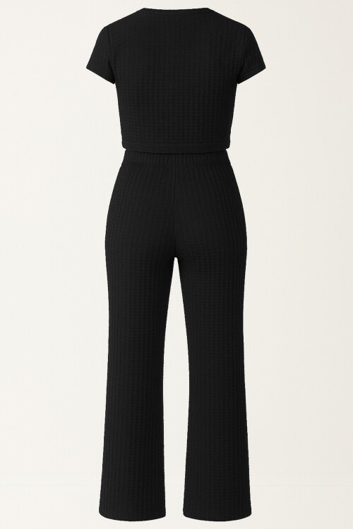 Siyah Bağlama Detaylı Crop Bluz Ve Pantolon Takım