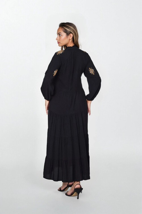 Siyah Bağlama Detaylı Kolu Lastikli Büyük Beden Viskon Elbise