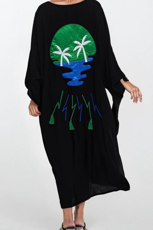 Siyah Baskılı Asimetrik Kesim Büyük Beden Gömlek Elbise