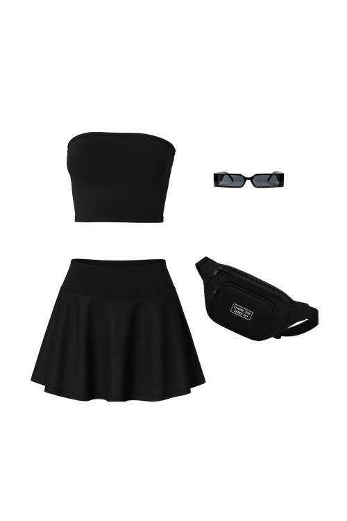 Siyah Beli Lastikli Şort Etek Gözlük Çanta Ve Büstiyer Takım Stay Fit V00023