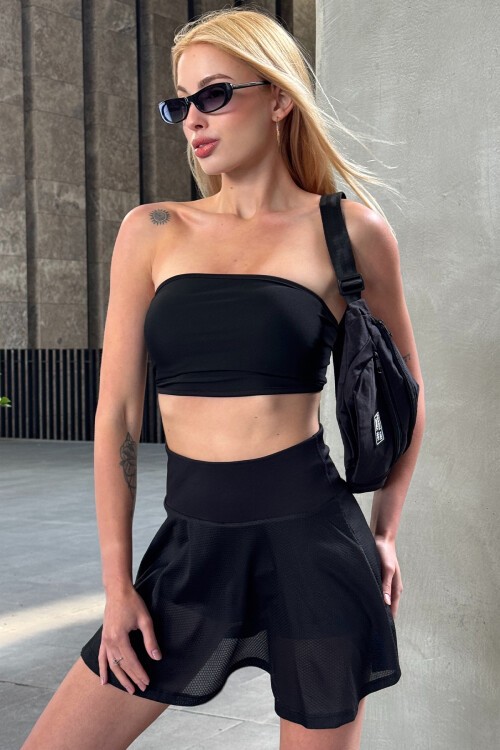Siyah Beli Lastikli Şort Etek Gözlük Çanta Ve Büstiyer Takım Stay Fit V00023