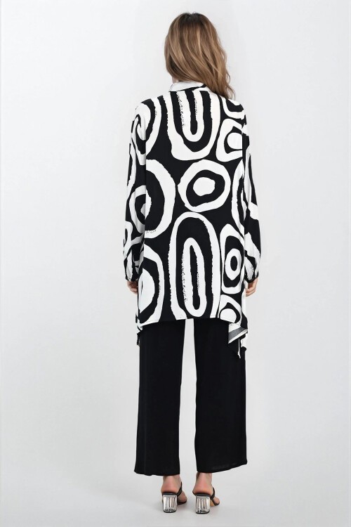 Siyah-Beyaz Hakim Yaka Bluz Ve Pantolon Büyük Beden Alt Üst Takım