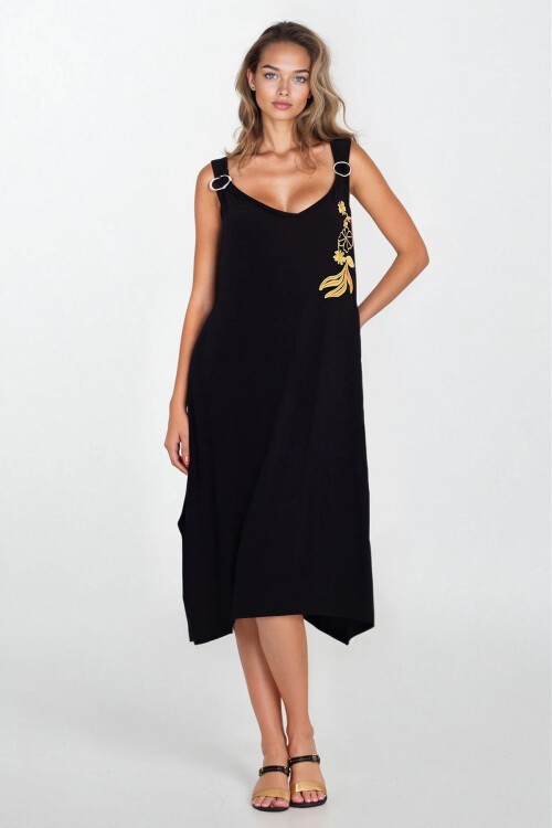 Siyah Çift Cepli Askılı Büyük Beden Dokuma Elbise